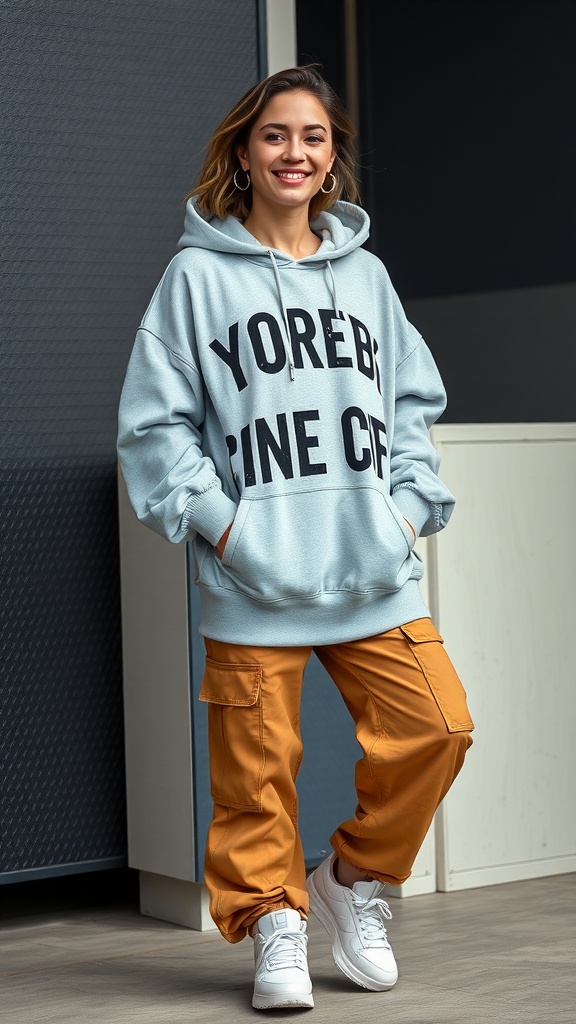 A woman wearing an oversized hoodie and cargo pants, smiling confidently.