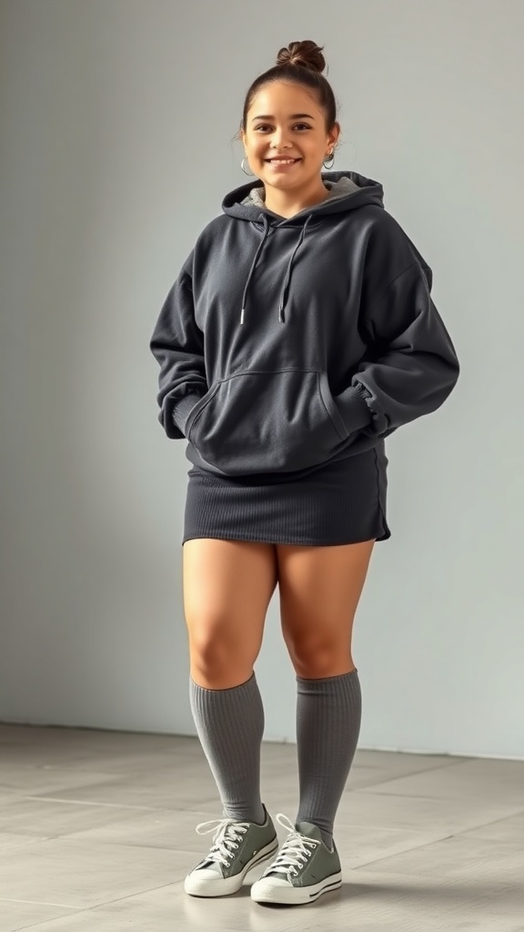 A short chubby girl wearing an oversized hoodie and a mini skirt, paired with knee-high socks and sneakers.