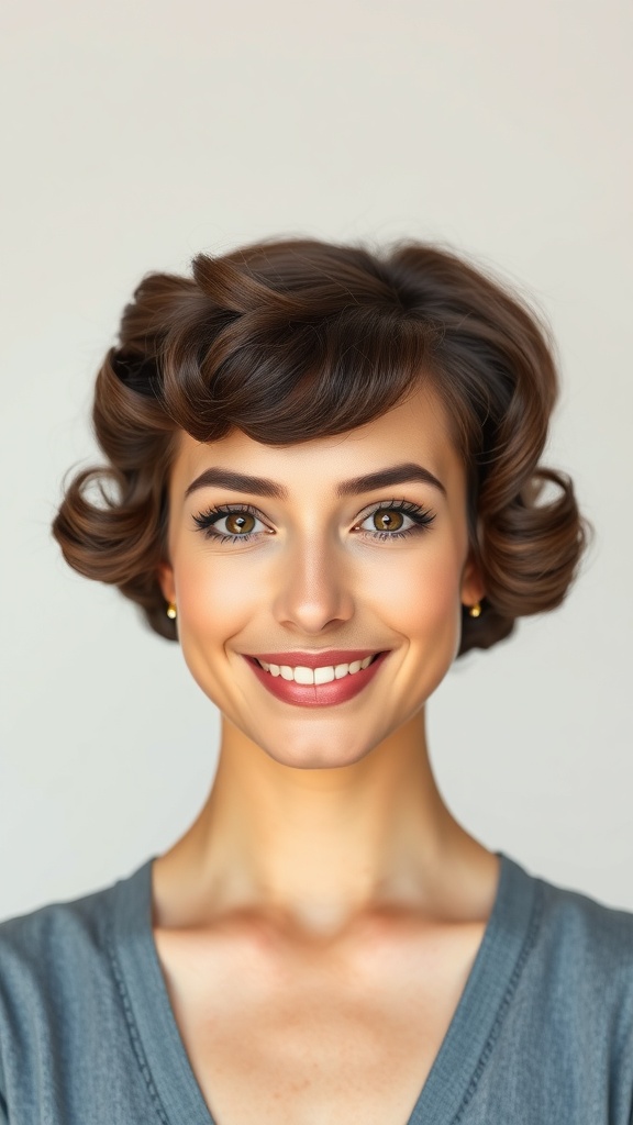 A smiling woman with pageboy vintage curls styled with rounded ends, showcasing a retro glam look.
