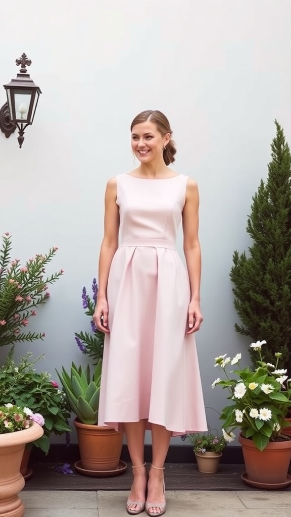A woman in a pastel pink midi dress with a structured bodice, standing in a garden setting with potted plants.