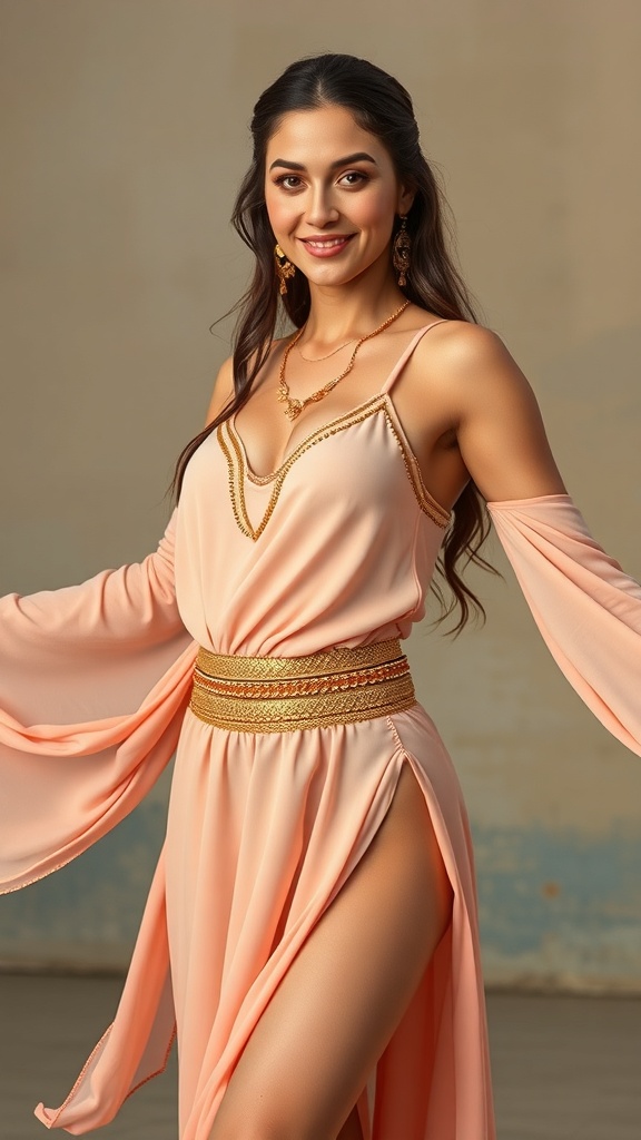 A woman wearing a peach belly dance outfit with waist chains and a split skirt, smiling confidently.