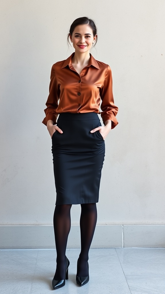 A woman wearing a bronze blouse and a black pencil skirt, paired with black back-seam stockings and high heels.