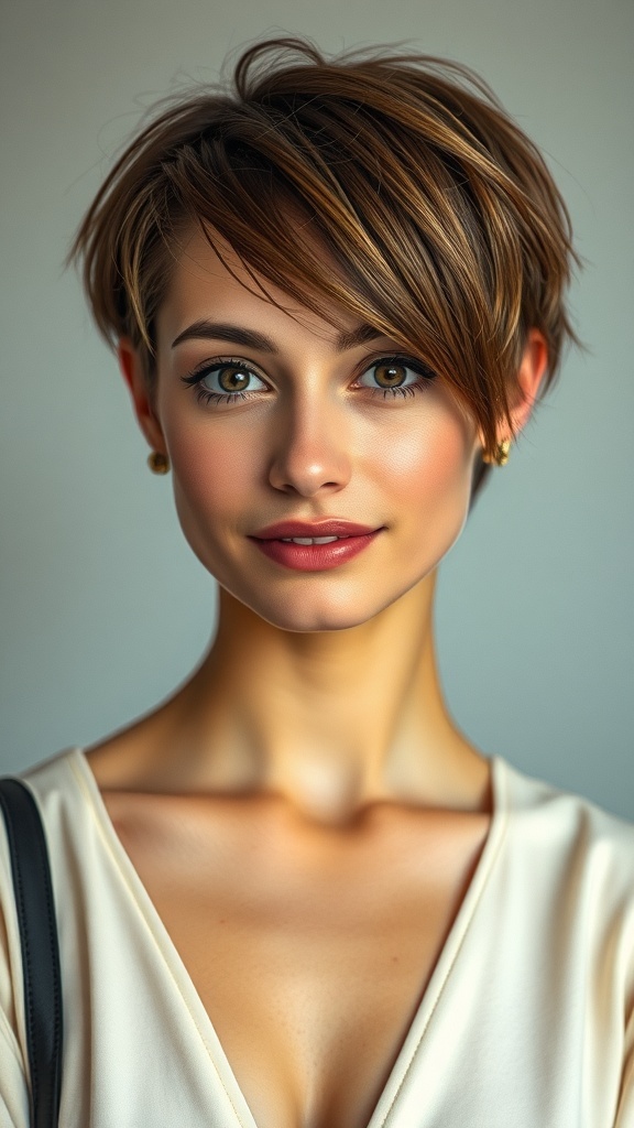 A woman with a piece-y short haircut and textured fringe, showcasing a flattering style for round faces.