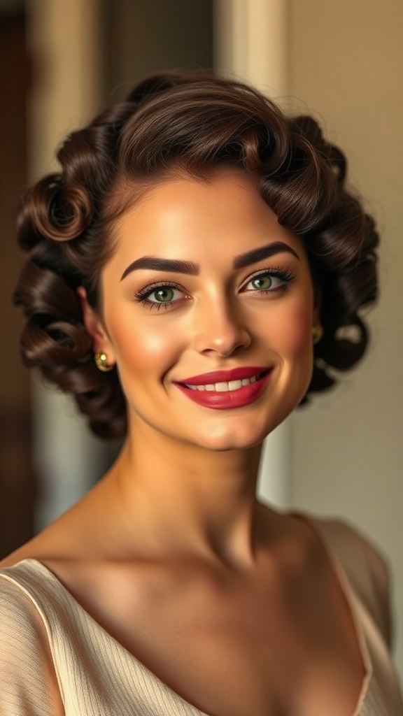 A woman with pin curls and a bold red lip, showcasing vintage hair and Old Hollywood glam.