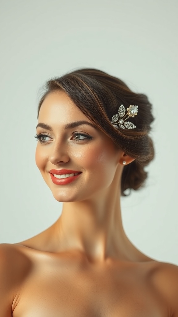 A model with pinned back glam waves and a sparkling hair accessory, showcasing a vintage hairstyle.