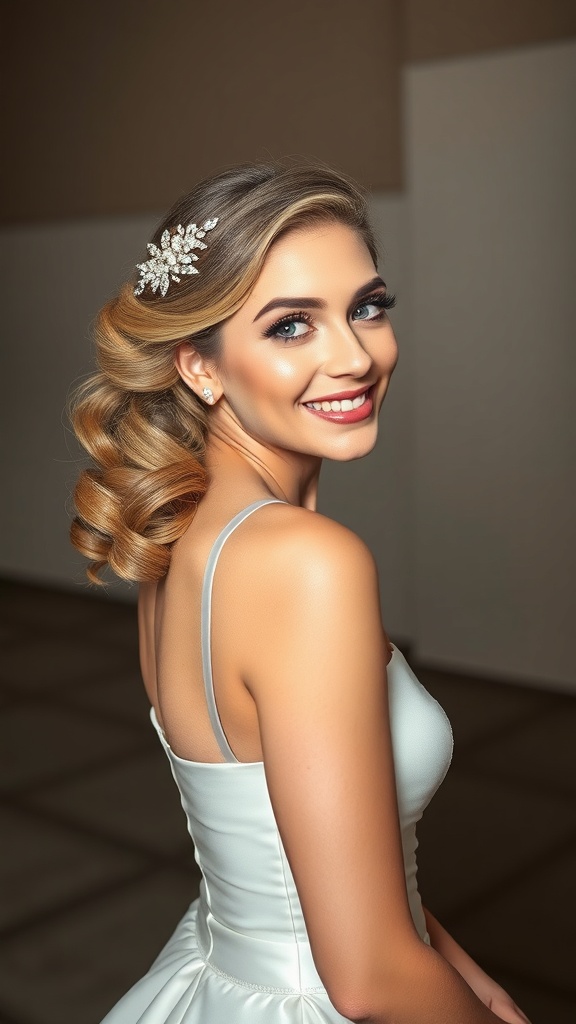 A bride with pinned back Hollywood curls, wearing a sparkling hairpiece and a beautiful gown.