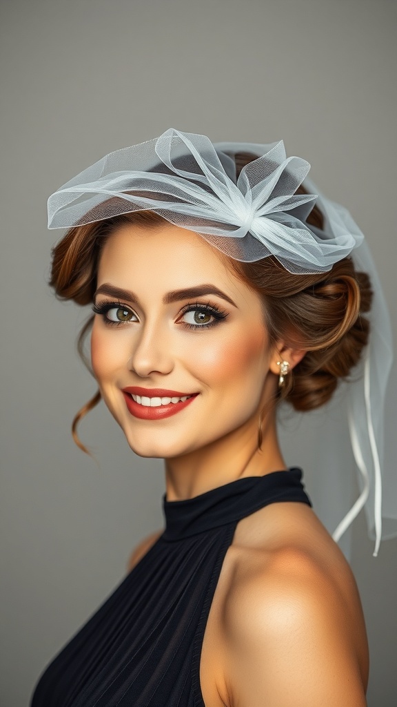 A woman with pinned curls and a delicate veil, showcasing a ballroom dance hairstyle.