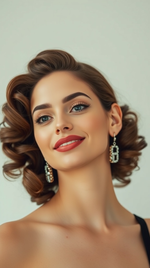 A woman with pinned side curls and volume at the crown, wearing elegant earrings and a radiant smile.