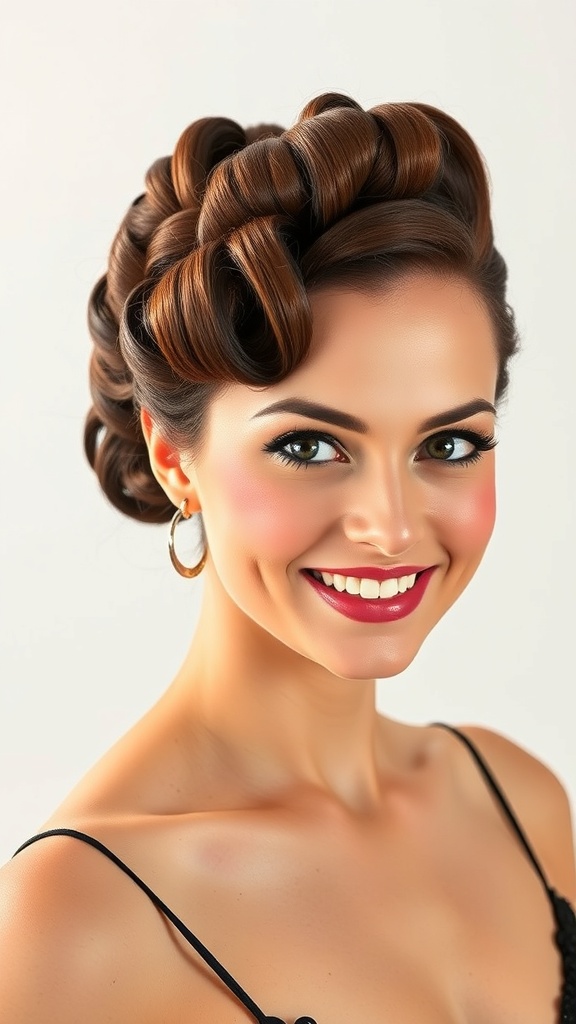 A woman with pinned up ringlets and a side part, showcasing a classic ballroom dance hairstyle.