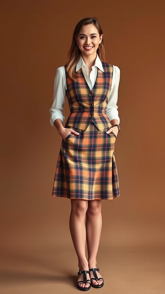 A woman wearing a plaid skirt and vest set with semi-sheer stockings, smiling against a neutral background.