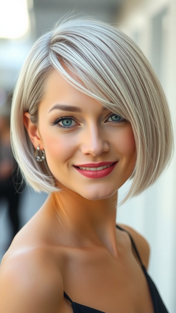 A woman with a platinum blonde blunt cut bob at chin length, showcasing a modern hairstyle.