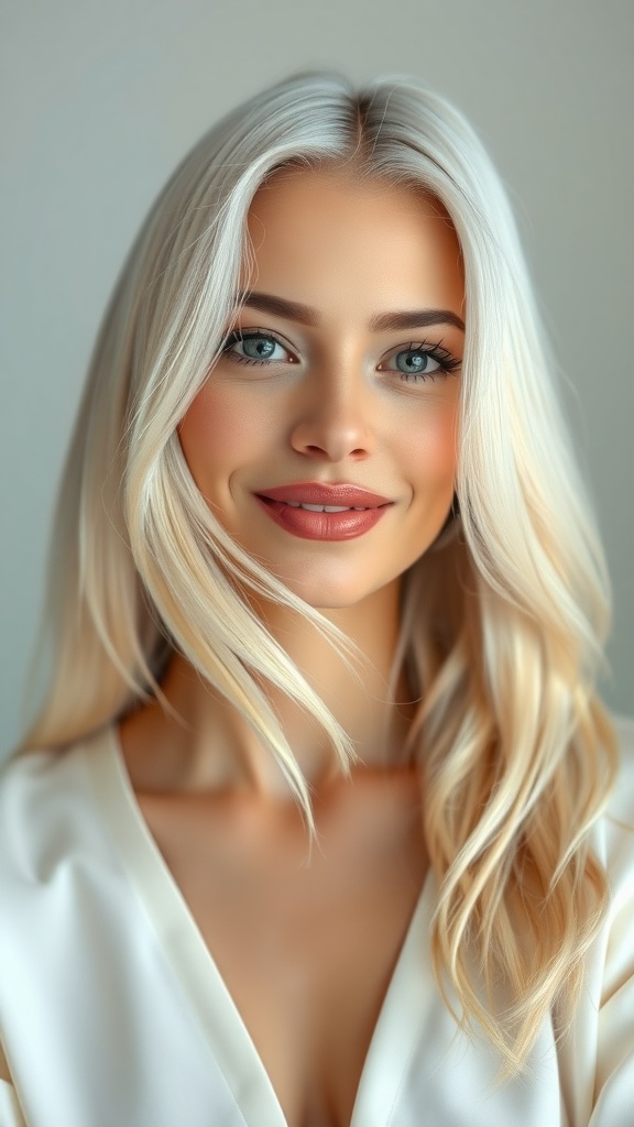 A woman with platinum blonde layered hair and flipped ends, smiling at the camera.