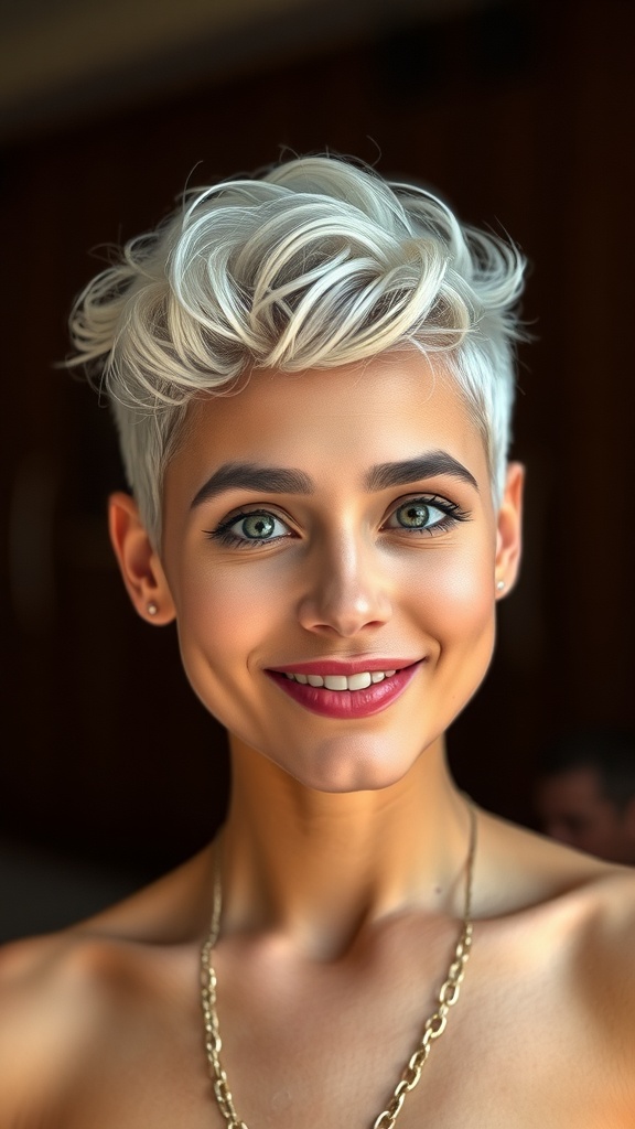 A person with a platinum curly crop hairstyle, showcasing a wet look finish.