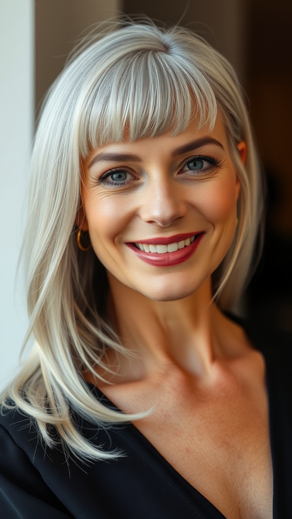 A woman with platinum gray blonde hair styled elegantly, showcasing a polished finish.