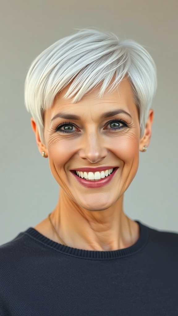A woman with a platinum pixie haircut, featuring blunt edges, smiling confidently.