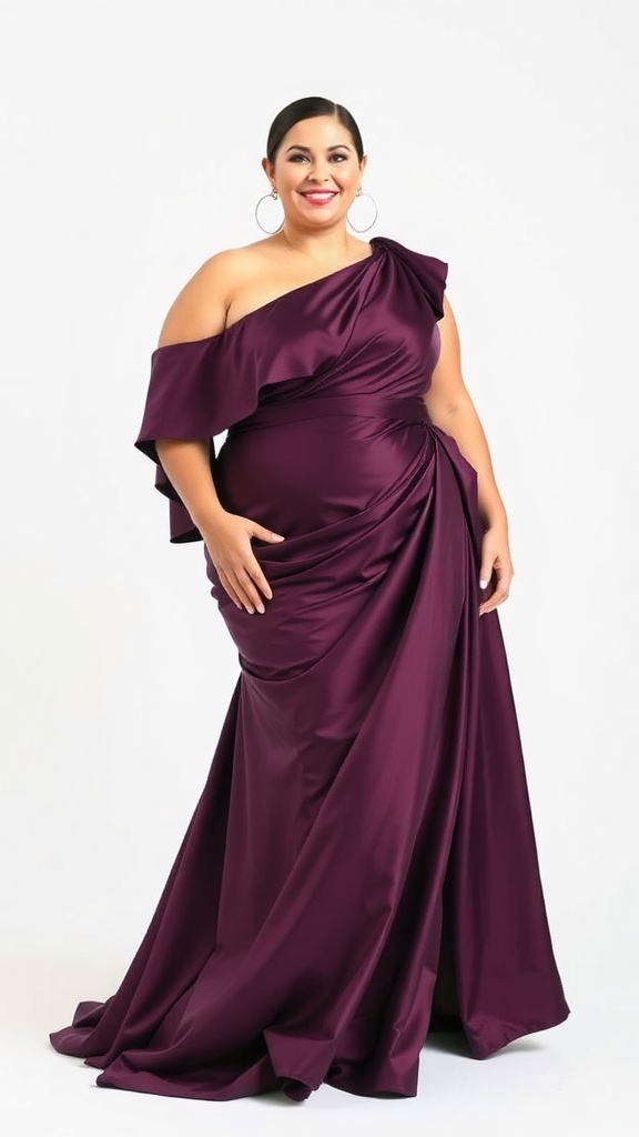 A model wearing a plum one-shoulder gown with draped detail, showcasing a flattering fit.