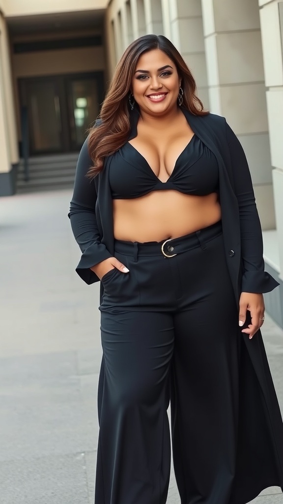 A confident plus size woman in a plunge bodysuit and palazzo pants, showcasing an edgy and elegant casual look.