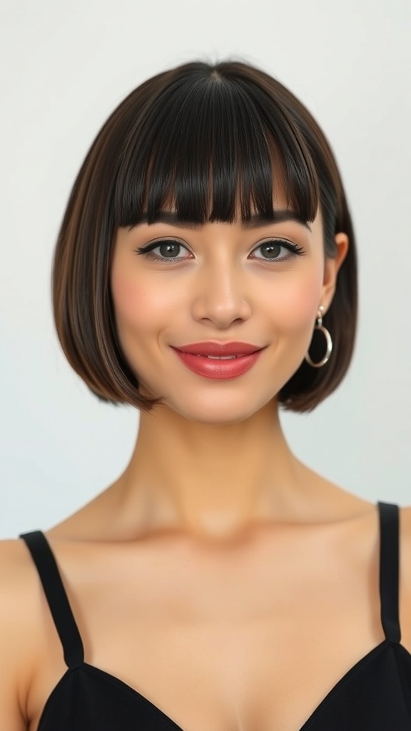 A woman with a polished blunt bob hairstyle and center part, wearing a black top and smiling.