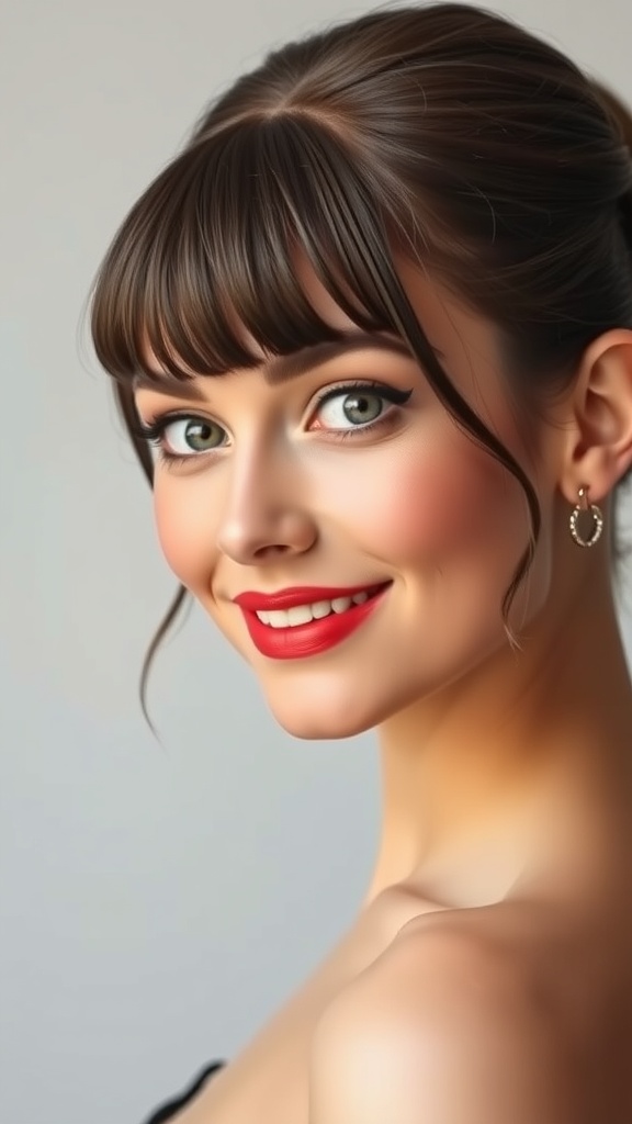 A woman with polished bumper bangs and rolled back hair, showcasing a vintage hairstyle with a bright red lip.