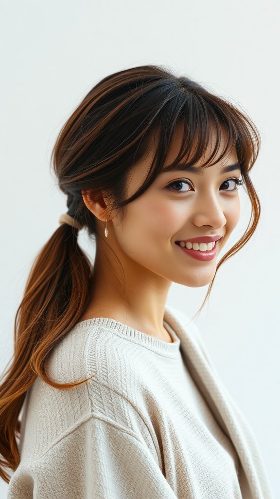 A woman with a ponytail featuring long layers and loose pieces, smiling at the camera.