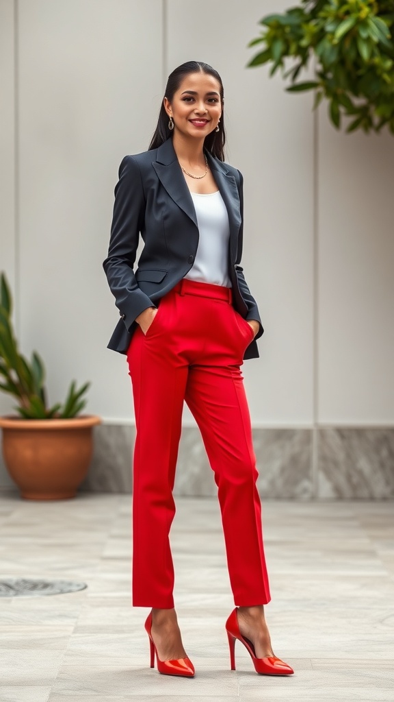 A woman wearing a dark blazer and bright red pants with matching pumps, standing confidently.