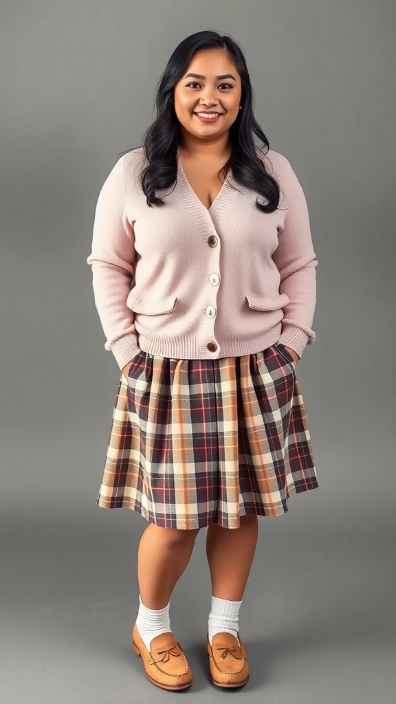 A short chubby girl wearing a light cardigan and a plaid skater skirt, smiling.