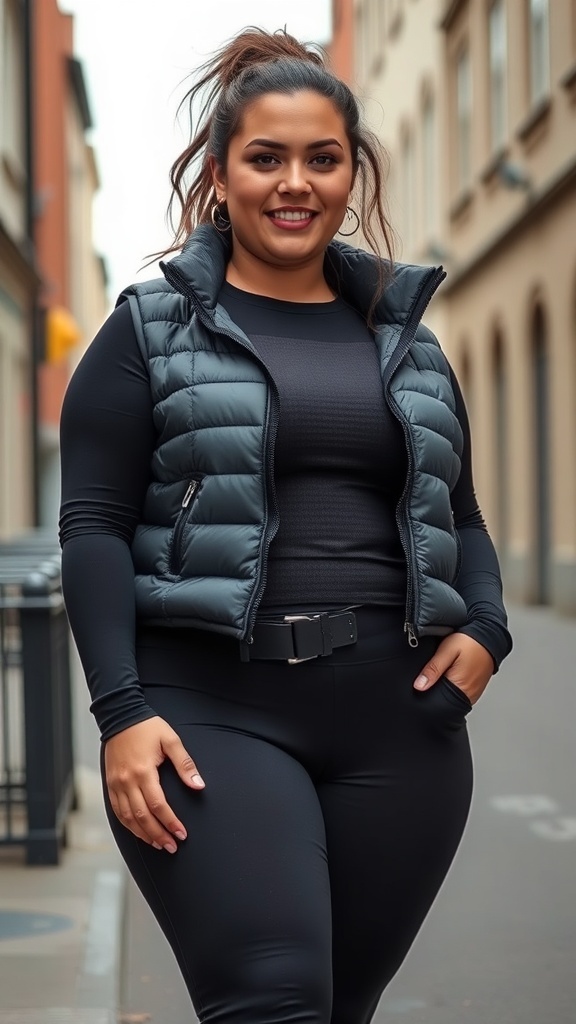 A woman wearing a black puffer vest over a long sleeve shirt and leggings, smiling in an urban setting.