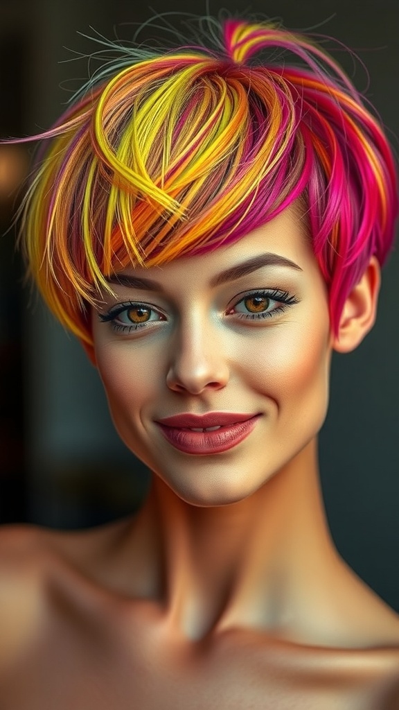 A person with short punk hair featuring vibrant neon streaks of pink and yellow.