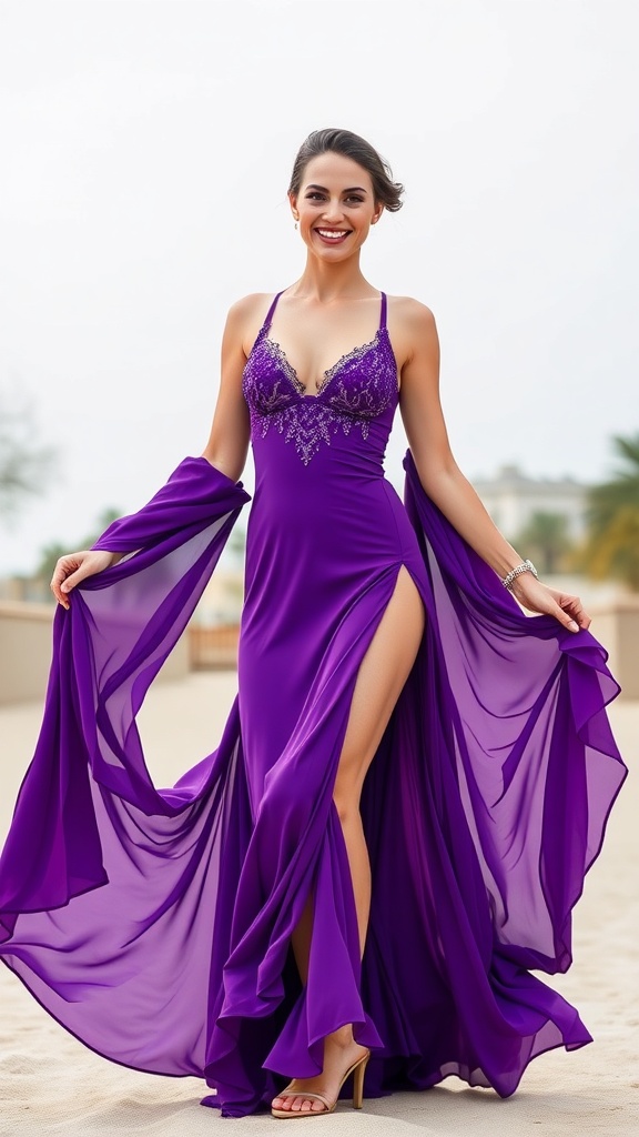 A woman in a purple Arabic dance dress with a sequined bodice and slits, smiling and posing confidently.