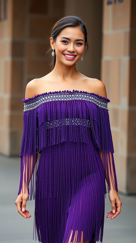 A woman wearing a purple salsa dance dress with cascading beads, smiling confidently.