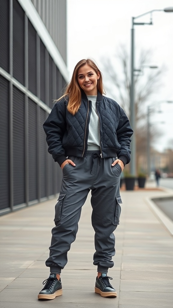 A woman wearing a quilted crop jacket and cargo joggers, smiling confidently in an urban setting.