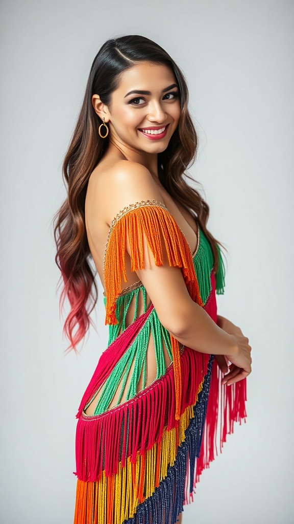 A woman wearing a colorful rainbow Latin dance costume with fringe layers, smiling and showcasing the vibrant design.