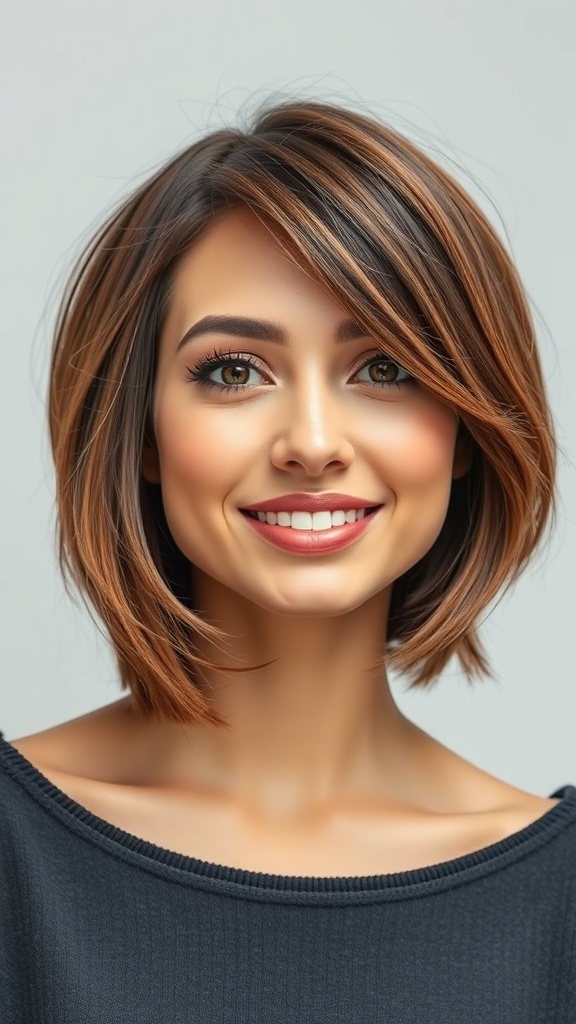 A woman with a razor-cut bob hairstyle featuring long side bangs, showcasing a fresh and textured look.