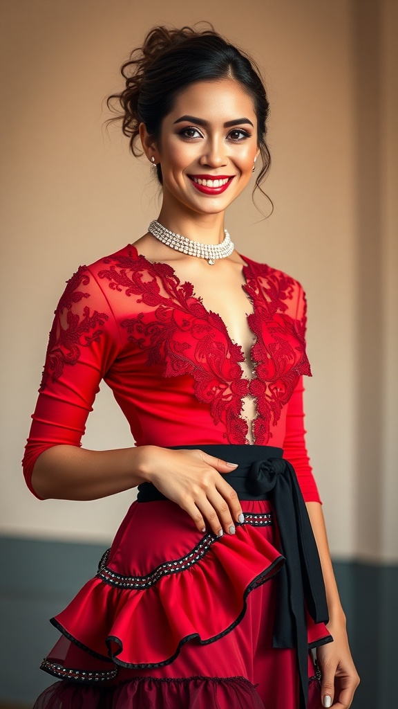 A woman in a red and black Latin dance costume with lace overlay, featuring a fitted bodice and a ruffled skirt.