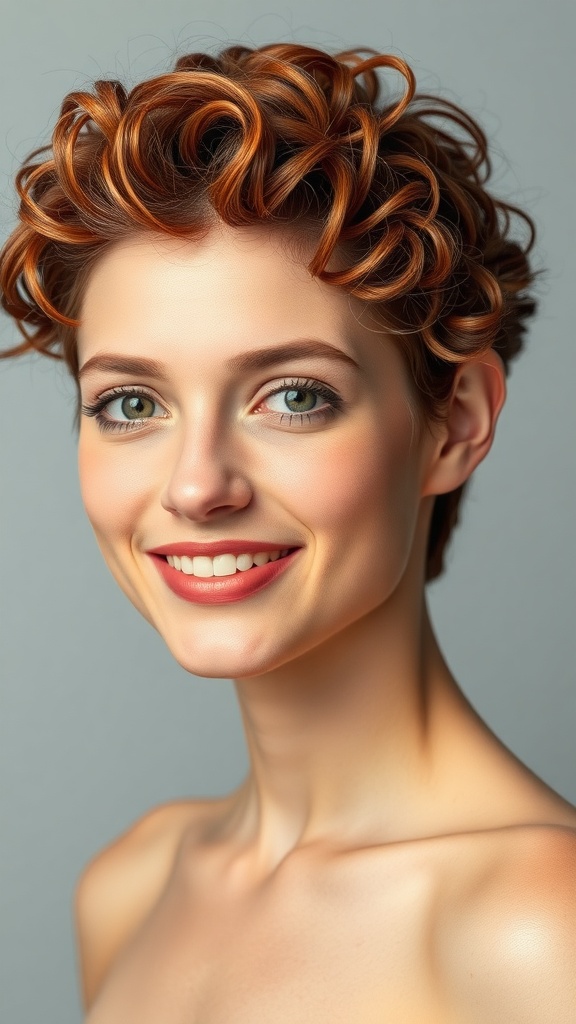 A woman with a red curly pixie hairstyle, showcasing tousled texture and a bright smile.