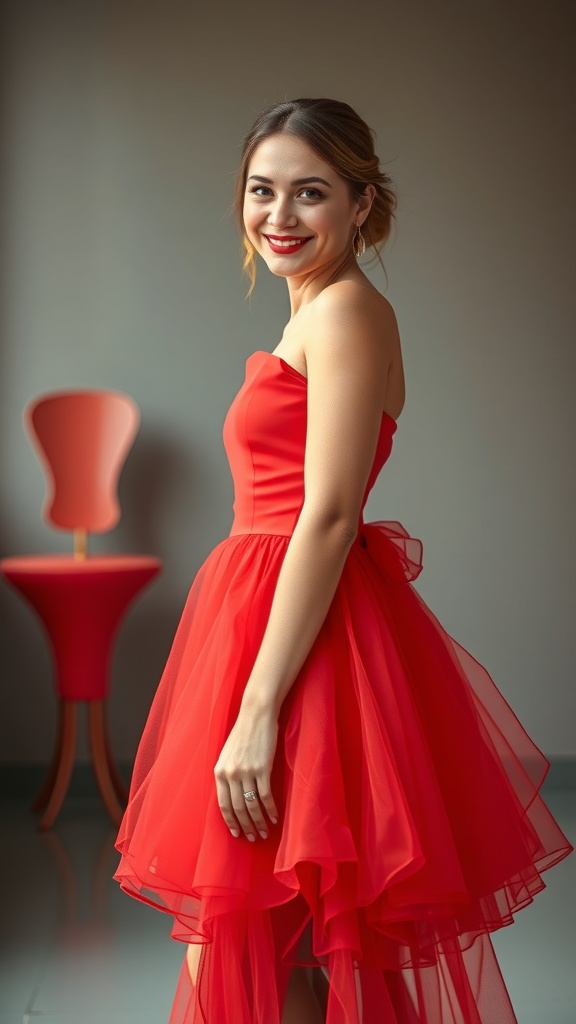 A woman wearing a red fit-and-flare dress with a tulle underskirt, smiling confidently.