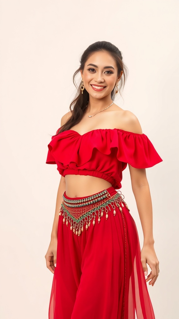 A woman wearing a red harem outfit with an off-shoulder top and beaded pants, smiling confidently.