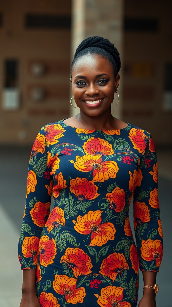 A woman wearing a red Kente mermaid gown with long sleeves, showcasing a modern yet traditional style.