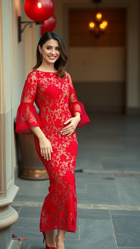 A woman wearing a red lace bodycon dress with sheer sleeves, smiling in a stylish setting.