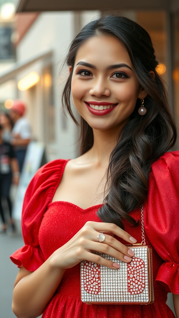 A woman in a red puff-sleeve babydoll dress holding a rhinestone bag, smiling confidently.
