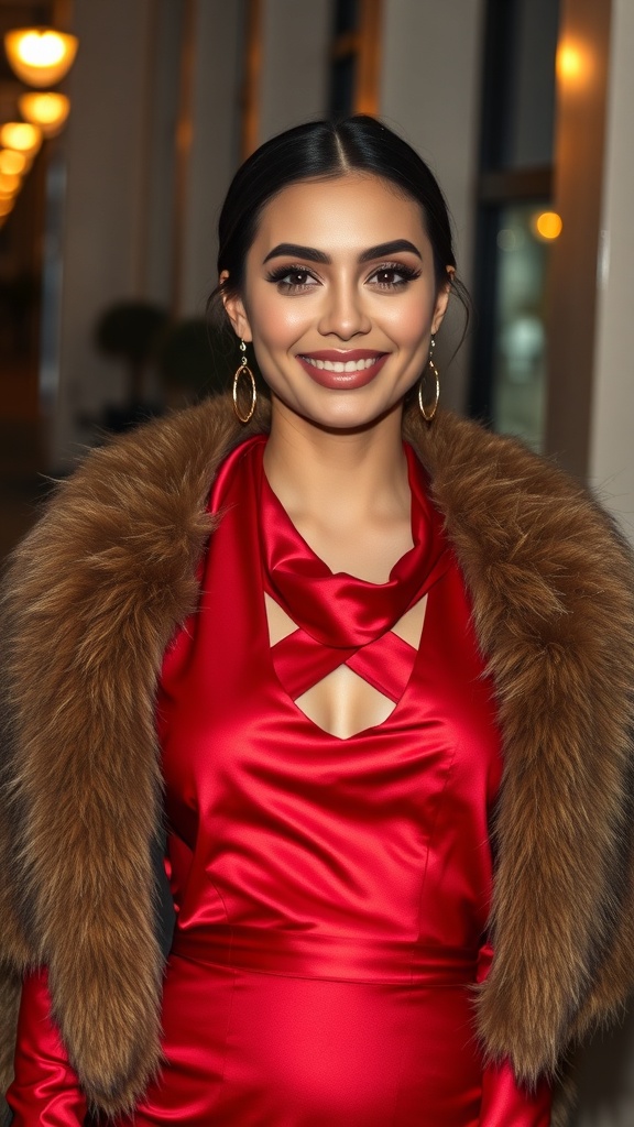 A woman wearing a red satin cowl dress with a fur shoulder wrap, smiling confidently.