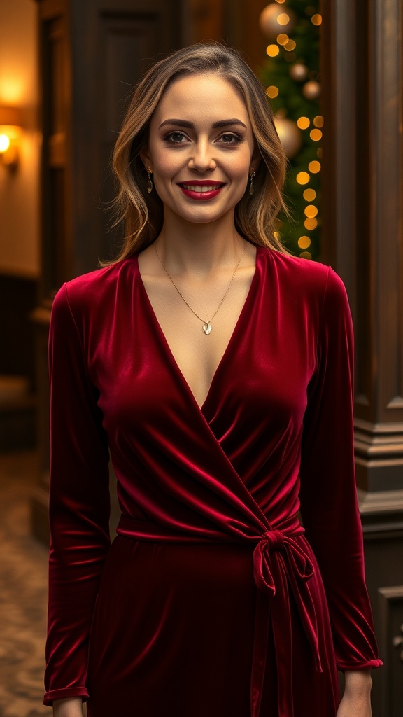 A woman wearing a red velvet wrap dress with a deep V-neck, smiling in a festive setting.