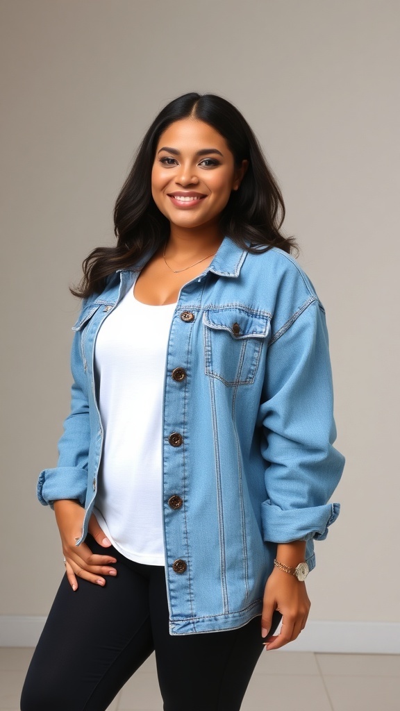 A woman wearing a relaxed denim jacket over a white top and black leggings, smiling confidently.