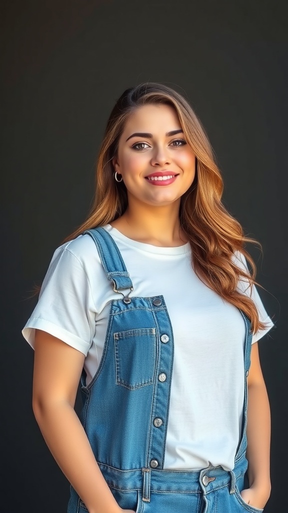 A woman wearing a relaxed dungaree dress with a white tee, smiling at the camera.