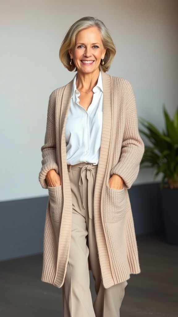 A smiling woman wearing a relaxed knit cardigan and wide-leg pants, showcasing a chic and effortless style.