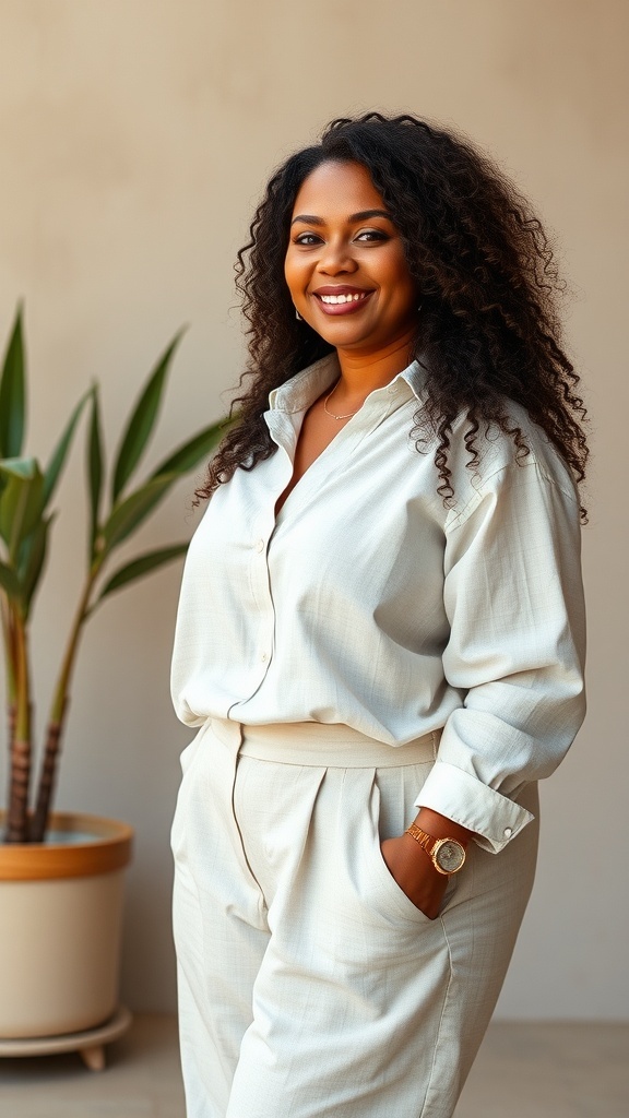 A woman smiling in a relaxed linen set with a button-down shirt, showcasing a chic and stylish look.