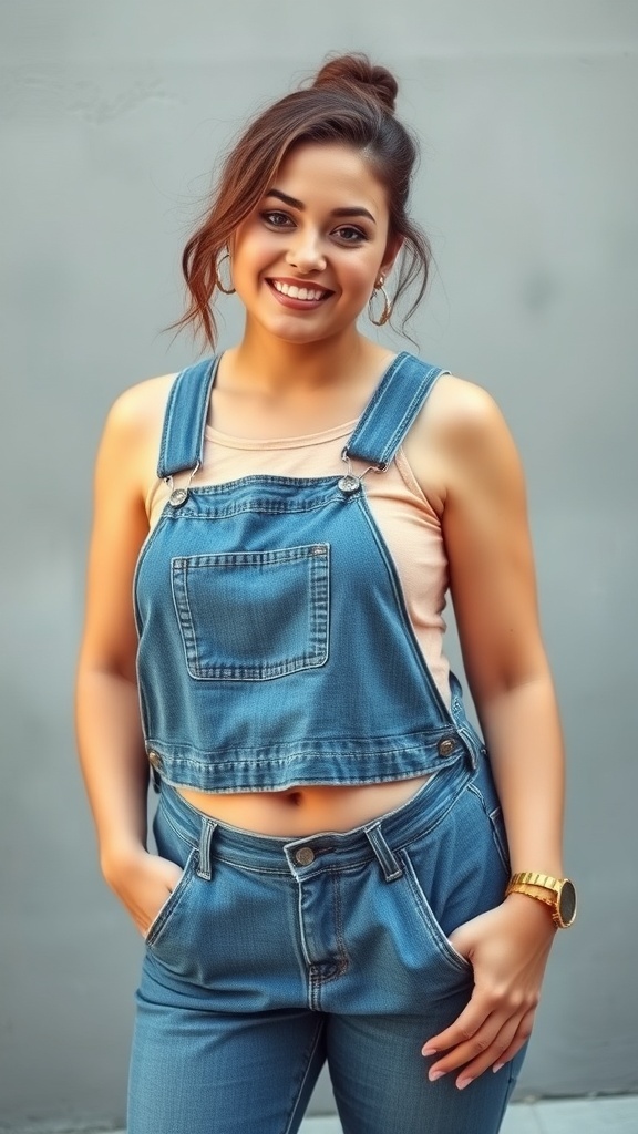 A woman wearing relaxed overalls with a fitted crop top, smiling confidently.