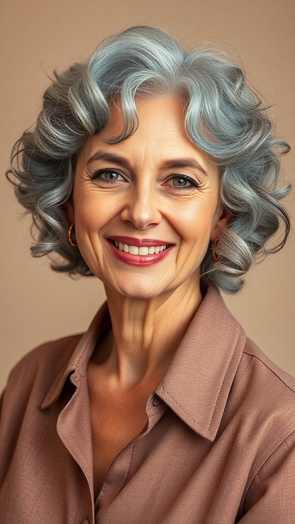 A woman over 70 with a retro-inspired bob hairstyle featuring soft curls, showcasing her grey hair.