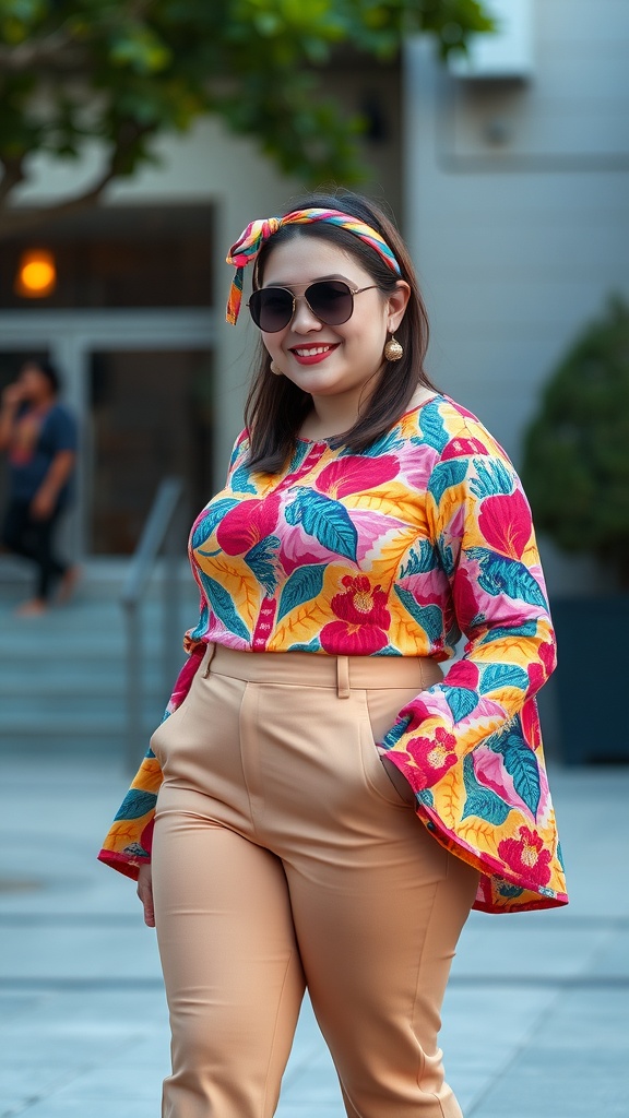 A short chubby girl wearing a colorful floral top with bell sleeves and high-waisted pants, accessorized with sunglasses and a headband.