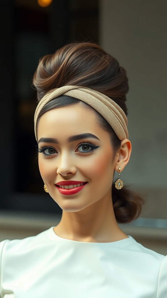 A woman with a retro beehive hairstyle and a headband, showcasing vintage glamour.